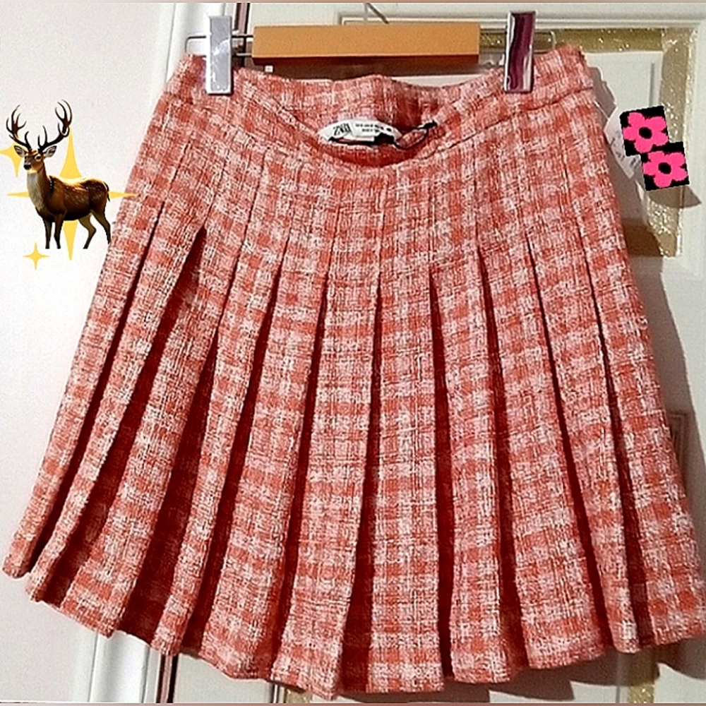 ZARA🐞Y2K Tweed Plaid Orange Cream Pleated Mini High Waisted Skirt Sz:S - Picture 3 of 9